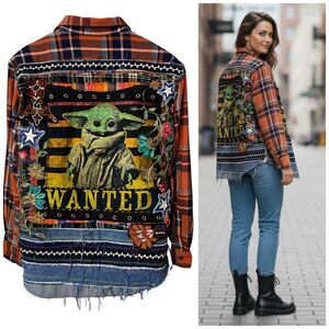 Upcycled Flannel Shirt Shacket Womens L Baby Yoda Custom Grunge Skater Rocker